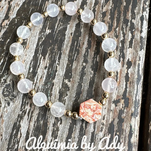 Pink Quartz beaded bracelet bohemian: pastel/monochrome heart chakra - Picture 1 of 6